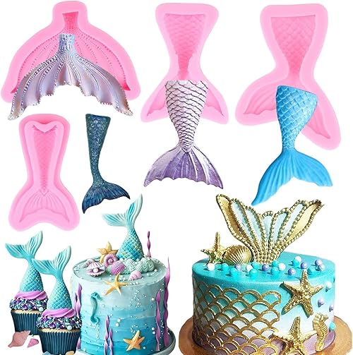 RFGHAC Silicone Mermaid Tail Mould Mermaid Tail Chocolate Fondant Mould for Cake Decorating Cupcake Topper Candy Polymer Clay Gum Paste Set of 4