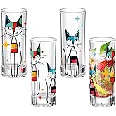 Patelai 4 Pcs Retro Cat Glass Cups Black Cool Cat Drinking Glasses for Iced Coffee Cocktail Juice Atomic Gifts Mid-century Modern Kitchen Decor