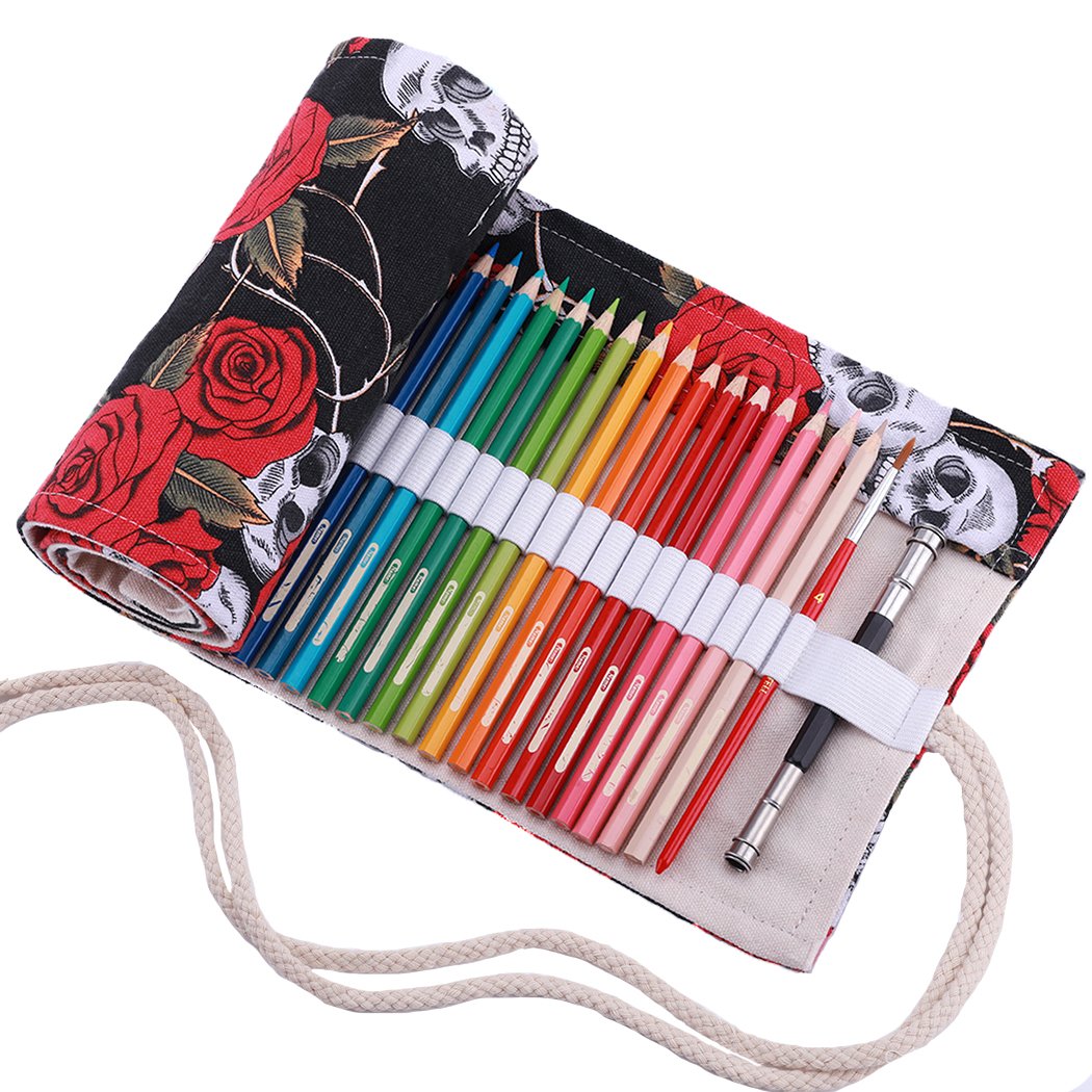 Amoyie Roll Up Pencil Case for 36 Coloured Pencils, Foldable Colouring Pen Organiser Bag, Canvas Coloring Pens Holder, Artist Wrap, Skull Rose