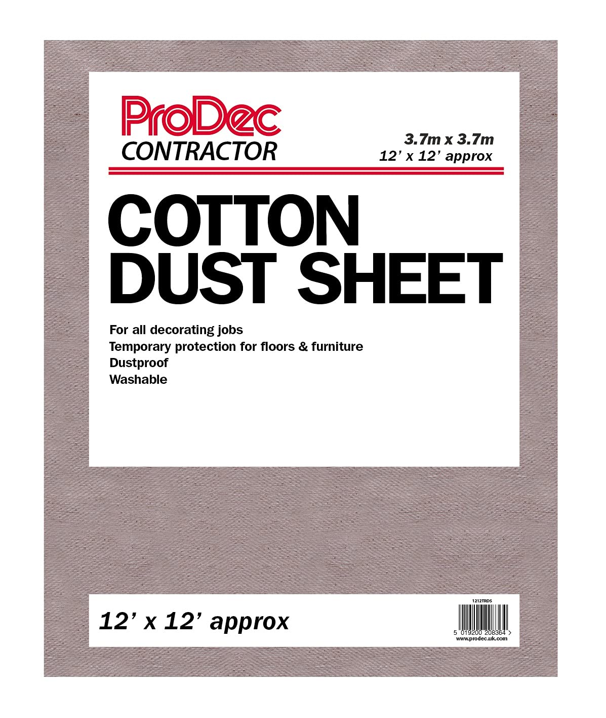 ProDec Contractor 12ft x 12ft Cotton Dust Sheet for Decorating, Carpet Protector, Washable Drop Cloth, Paint Shield, Painting Sheets, Heavy Duty Dust Sheets for Furniture, Paint Cloth