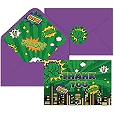 Whaline 24 Pack Green Super Hero Thank You Card Greeting Cards with Envelopes Stickers Cityscape Saying Bubble Blank Note Cards for Birthday Baby Shower Party Supplies