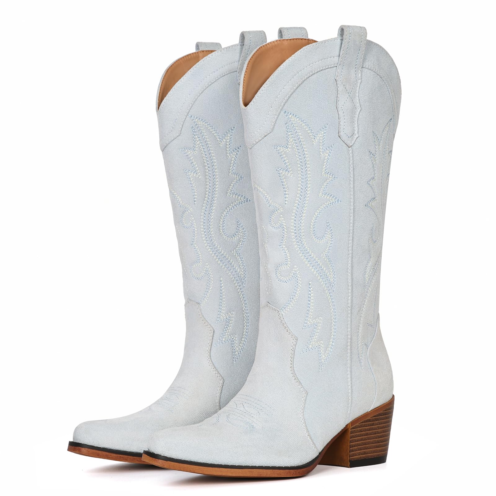 IUV Suede Cowboy Boots for Women Western Mid Calf Cowgirl Boots with Embroidered, Retro Snip Toe Fashion Boot With Chunky Block Heel Summer Fall Country Music Festival Cowboy Chic Image