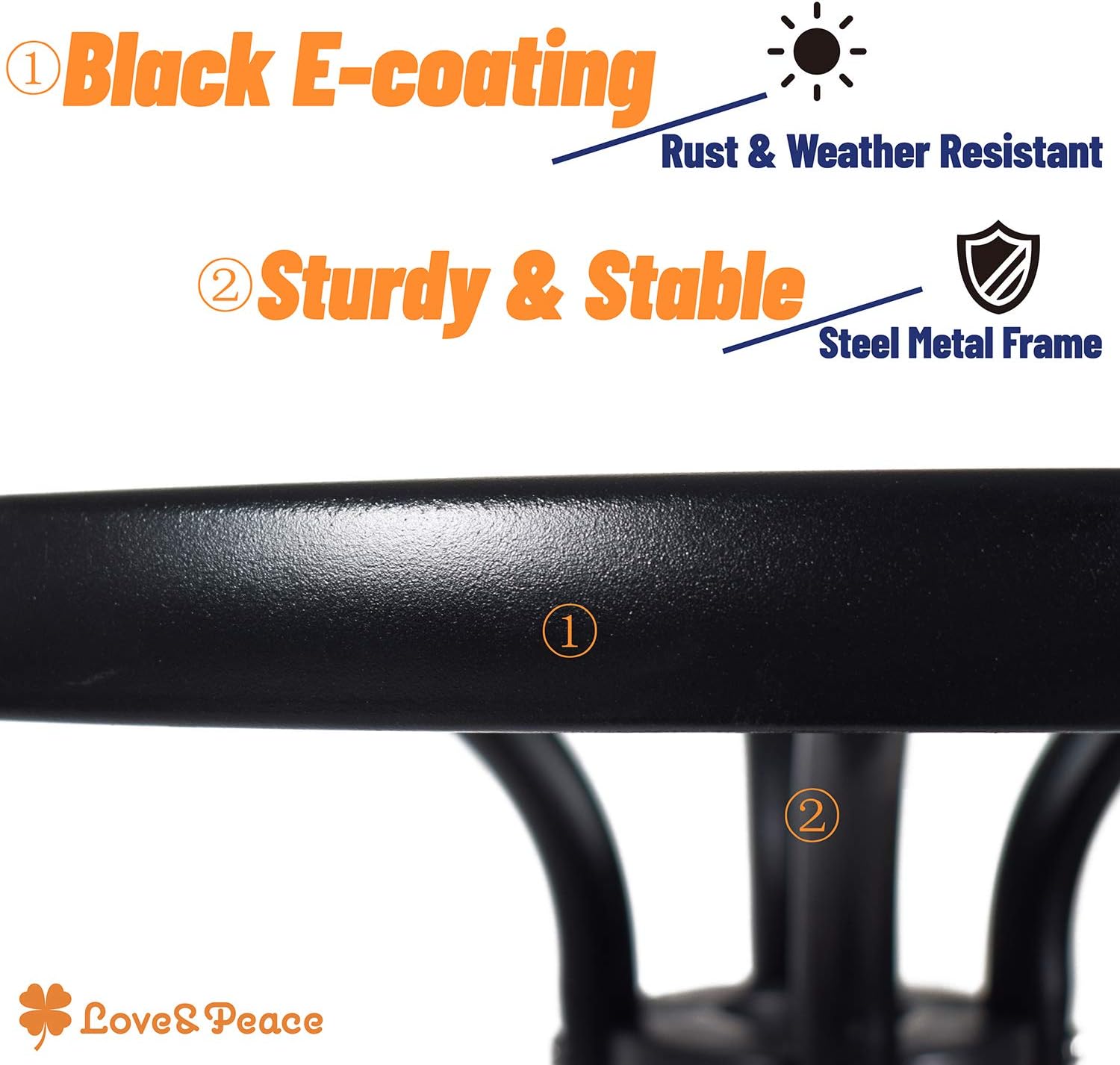 Love & Peace 24" x 24" Outdoor Bistro Table Metal Round Patio Side Table Outdoor Coffee Table Furniture Garden Backyard Dining Table, W/Elegant Water Ripple Glass Table Top, Black: Kitchen & Dining