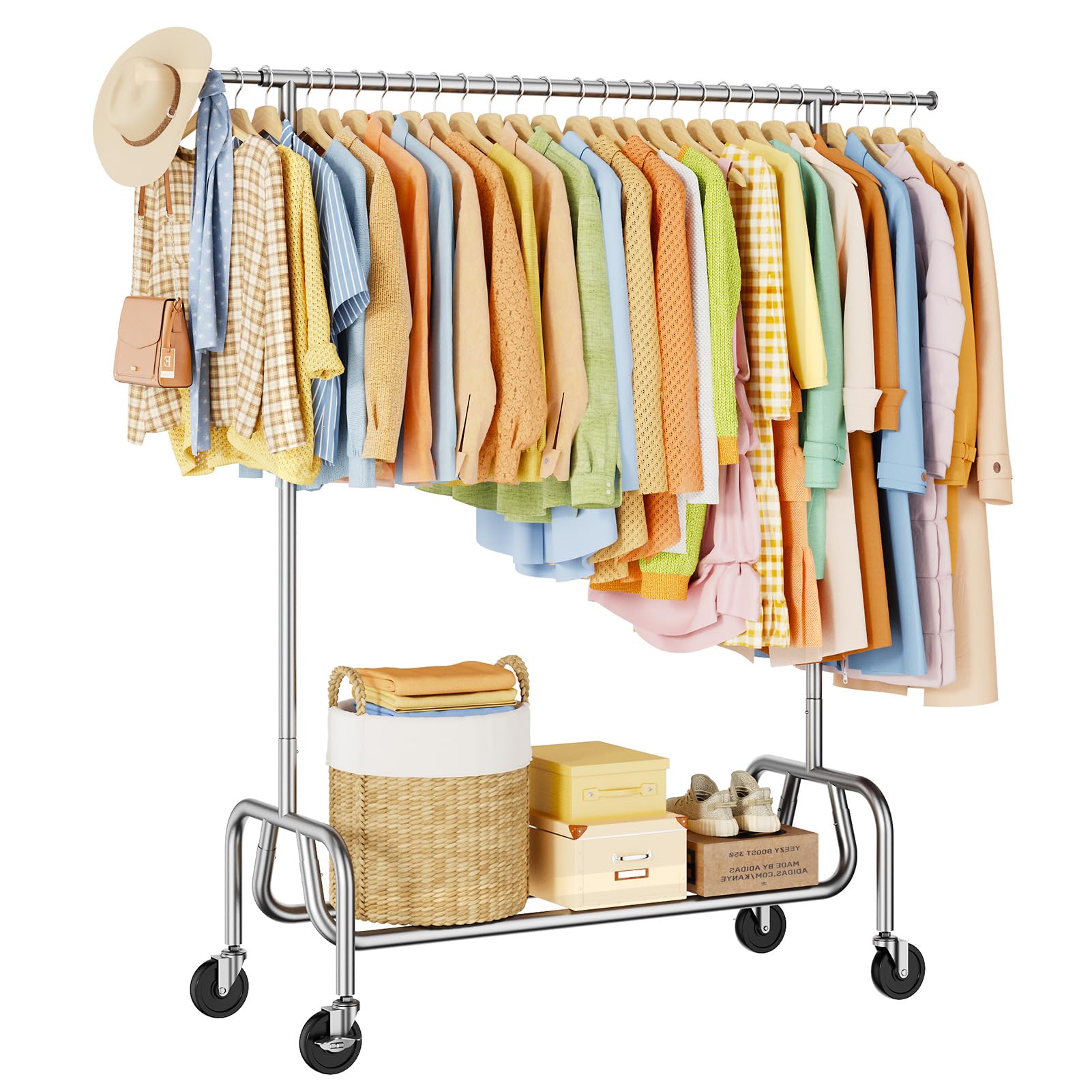 Photo 1 of JIEJIERUI Clothes Rack with Wheels, Rolling Clothing Rack with Shelf, Heavy Duty Clothes Racks for Hanging Clothes, Metal Standing Garment Racks, Silver