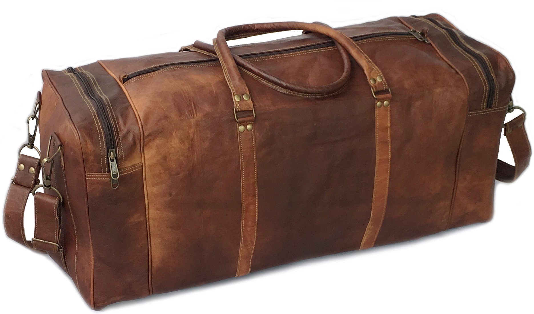 Dhk Devil Hunter Killer KK's Vintage Leather Duffel Bag, Handcrafted, Stylish & Durable, Ideal for Gym, Travel, Genuine Leather Travel Bag, Brass Rivets & Zippers Size 28
