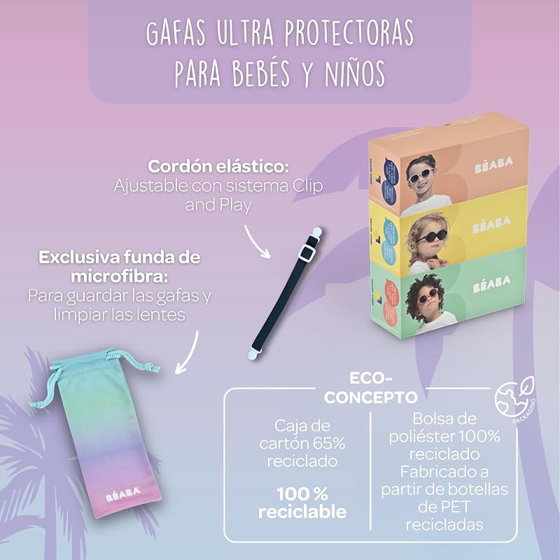 , Gafas de Sol para Bebé 9-24 Meses, Protección 100% UV - CAT 3, Protección Lateral, Confort Óptimo, Patillas Ajustables 360°, Adaptables a la Vista, Colección Joy Rosa neón