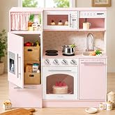 Tiny Land Wooden Play Kitchen for Toddlers, Kids Play Toy Kitchen Set | with Realistic Accessories Storage Fridge, Stove, Microwave, Coffee Station, Birthday Gift for Boys Girls Ages 3+,Pink
