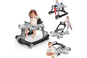 Betterhood 6-in-1 Foldable Baby Walker with Adjustable Height & Speed, Airplane-Themed Activity Push Walker with Music & Lights, Wheels, Anti-Slip Design, Suitable for Boys & Girls Aged 6-18 Months