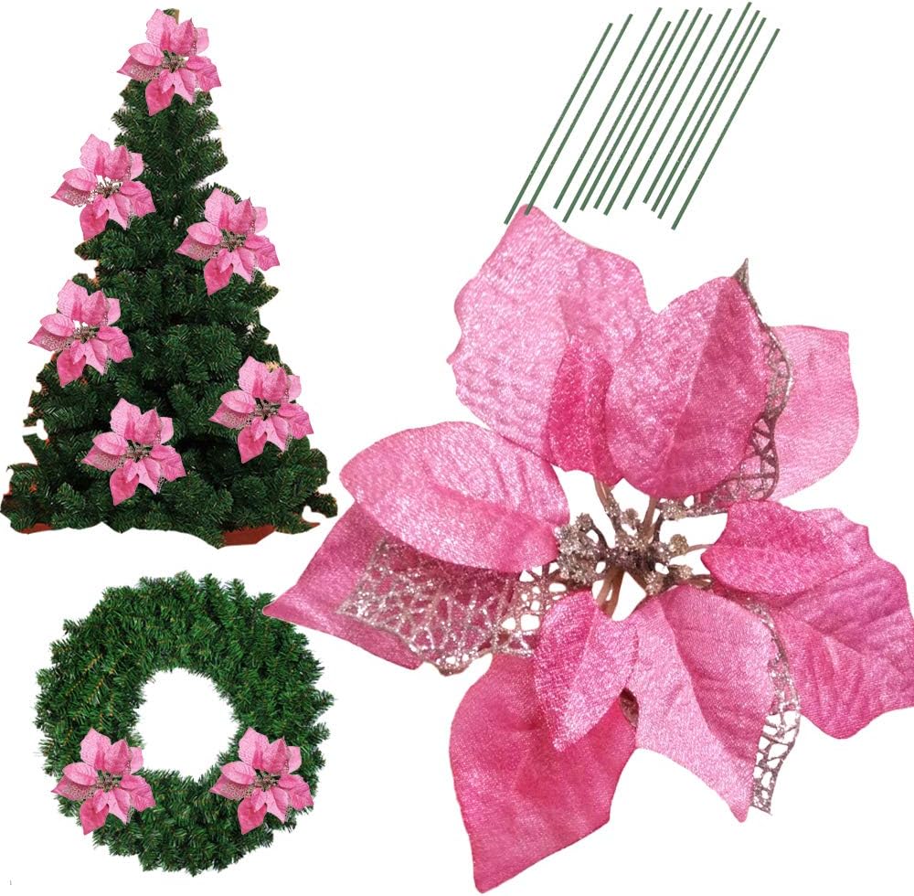Amazon Com Bigparty 8 6 Inch Glitter Artifical Wedding Christmas Flowers Glitter Poinsettia Christmas Tree Ornaments Christmas Tree Decorations Pack Of 12 Pink Furniture Decor