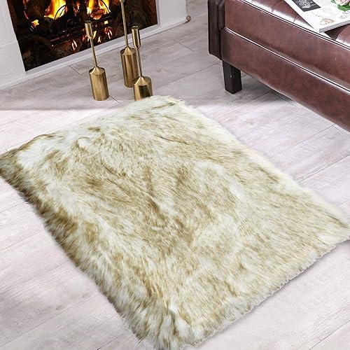 Carvapet Fluffy Shaggy Soft Faux Sheepskin Fur Area Rugs Floor Mat Chair Sofa Cover Beside Carpet for Bedroom Living Room 2x3 ft Rectangle, White with Brown Tips