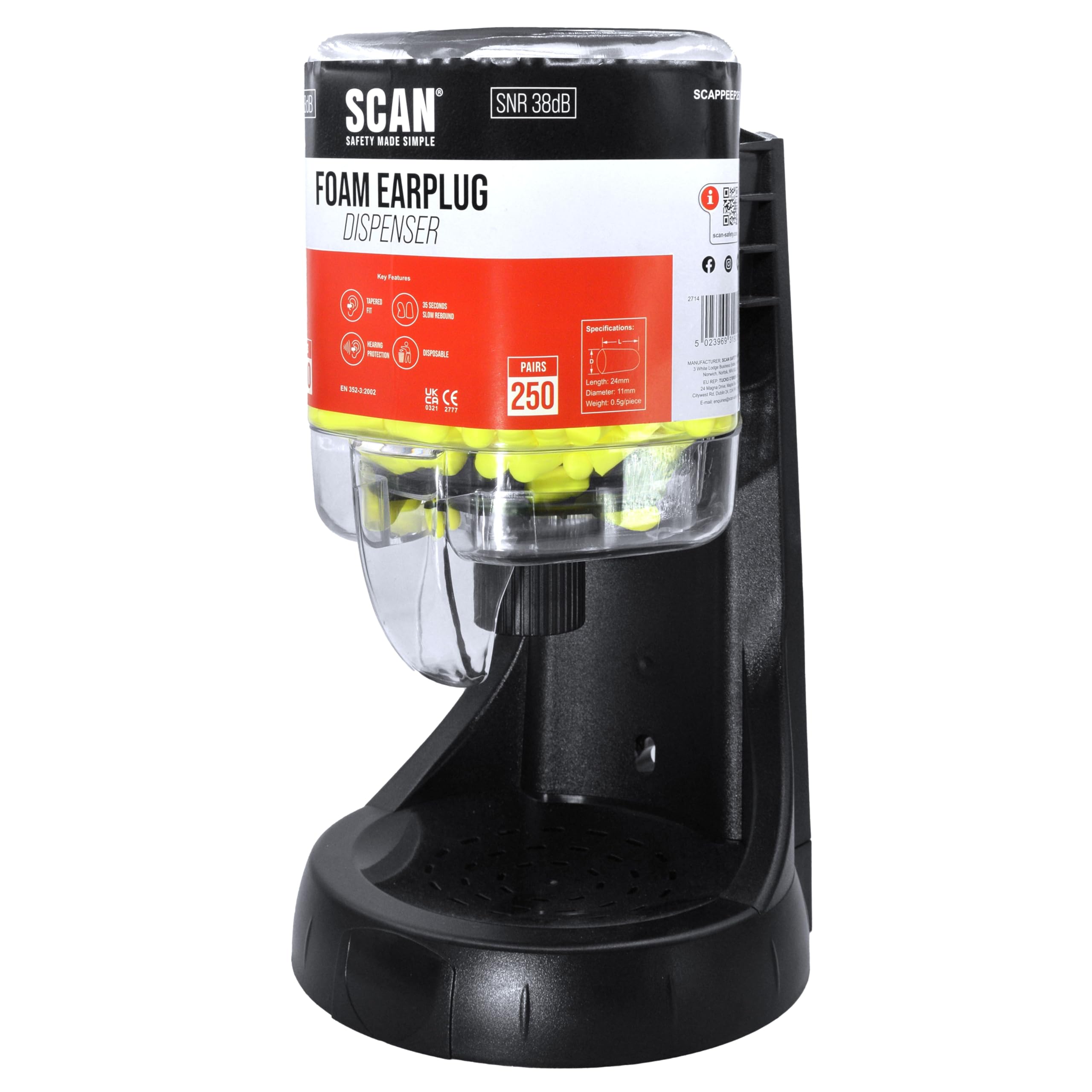 Scan Ear Plug Dispenser – Refillable Dispenser, Wall Mounted or Freestanding Placement, Noise Cancelling Reduction of SNR 38dB Hearing Protection – 250 Pairs