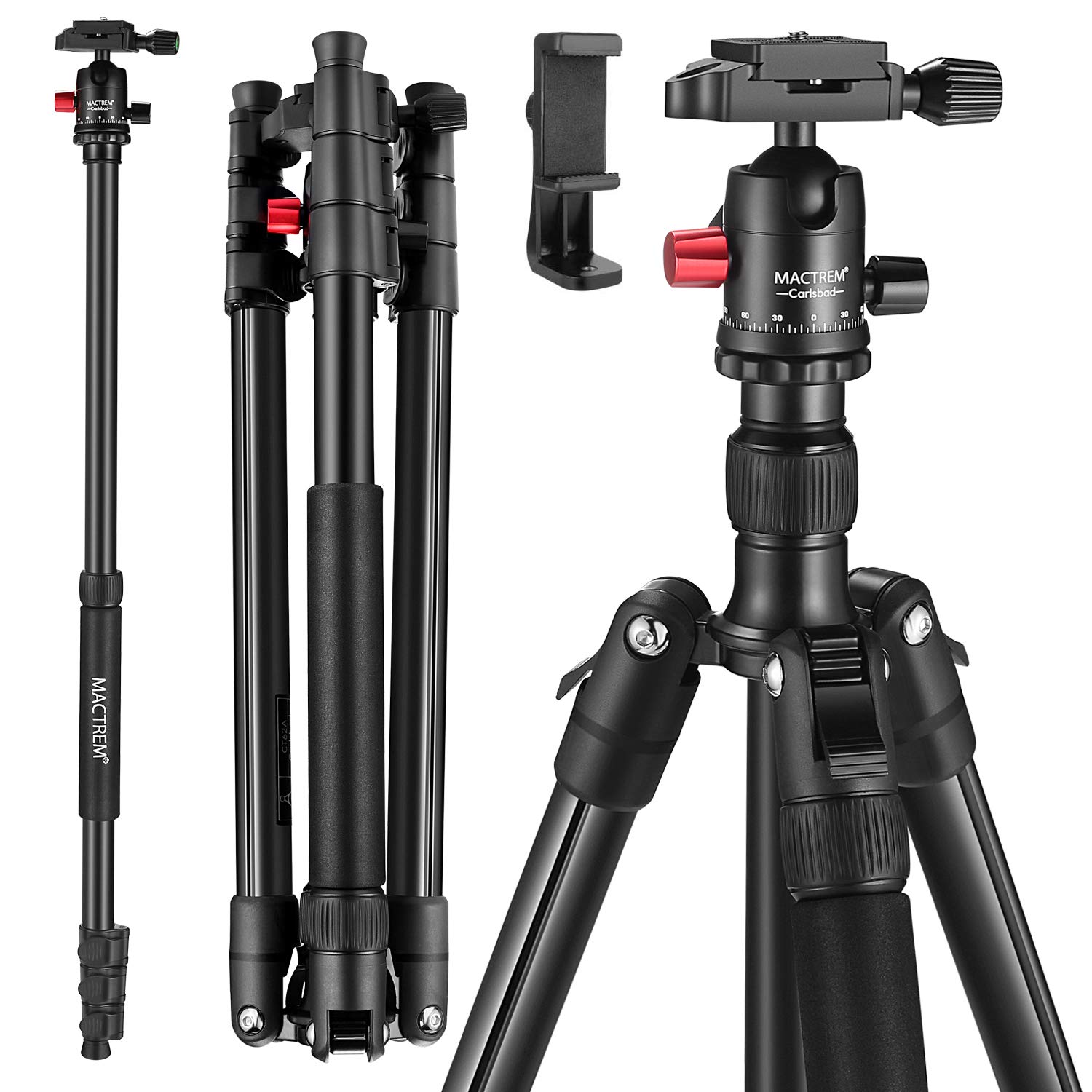 MACTREM Professional Camera Tripod with Phone Mount, 62" DSLR Tripod