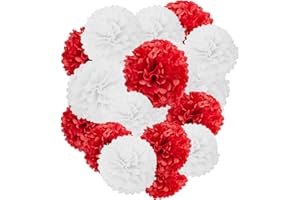 Capesaro Red and White Paper Pom Poms - 10",12" Tissue Pom Poms Decorations for Party Hanging Decor - 12 Piece Set