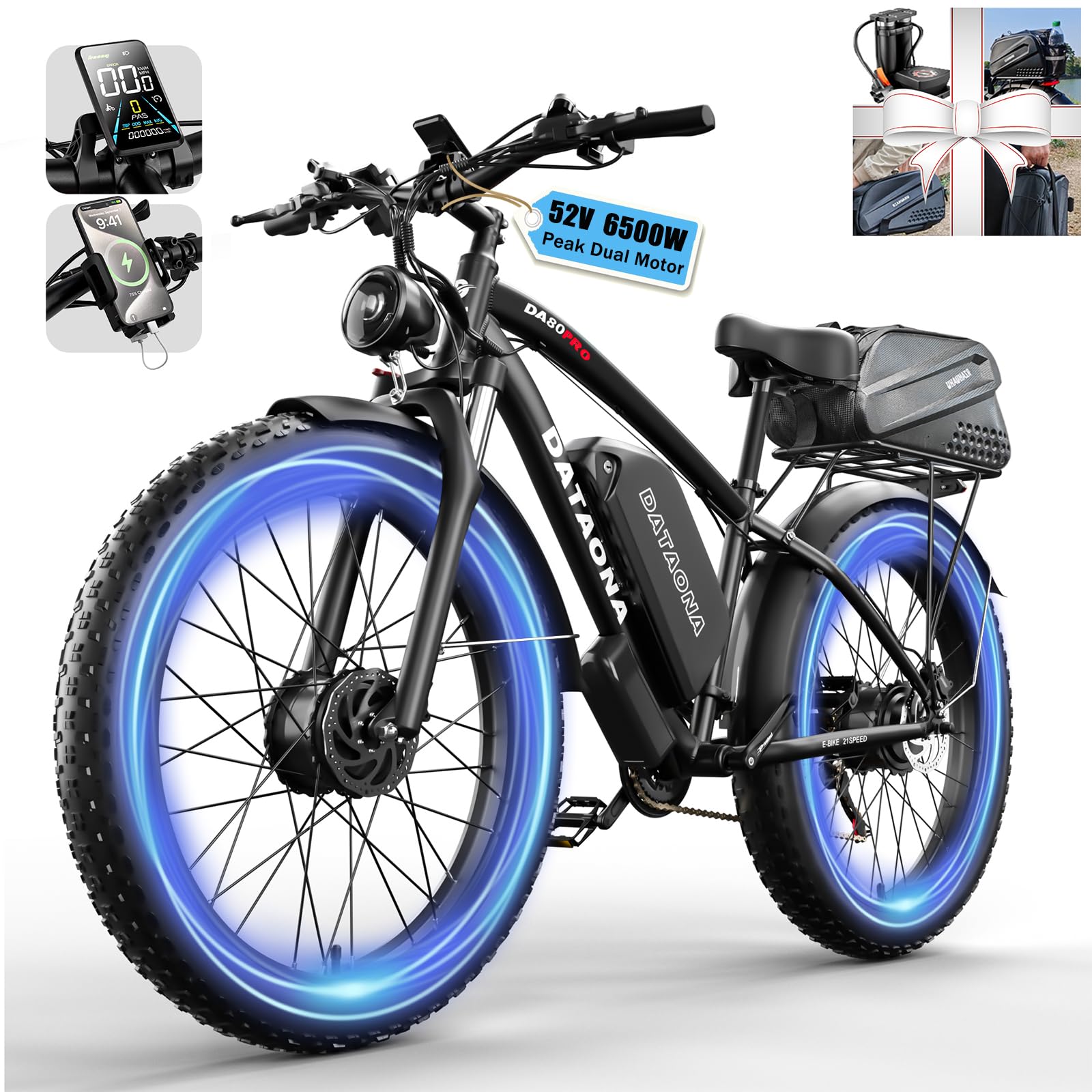 DATAONA 6500W Dual Motor Ebike for Adults Men 45MPH - Fast Electric Bike with 52V 32Ah Battery Up to 100 Miles, Lockable Suspension 24" Fat Tire Electric Bicycle for Off-Road Mountain Snow Commuter UL