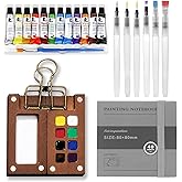 Mini Watercolor Paint Set, Travel Paint kit, Pocket Watercolor Set with 12 Color, Wooden Grid Paint Box, Sketchbook, 6 Brush, Portable Paint Palette for Beginners, Artists Enthusiasts(Wooden-S)