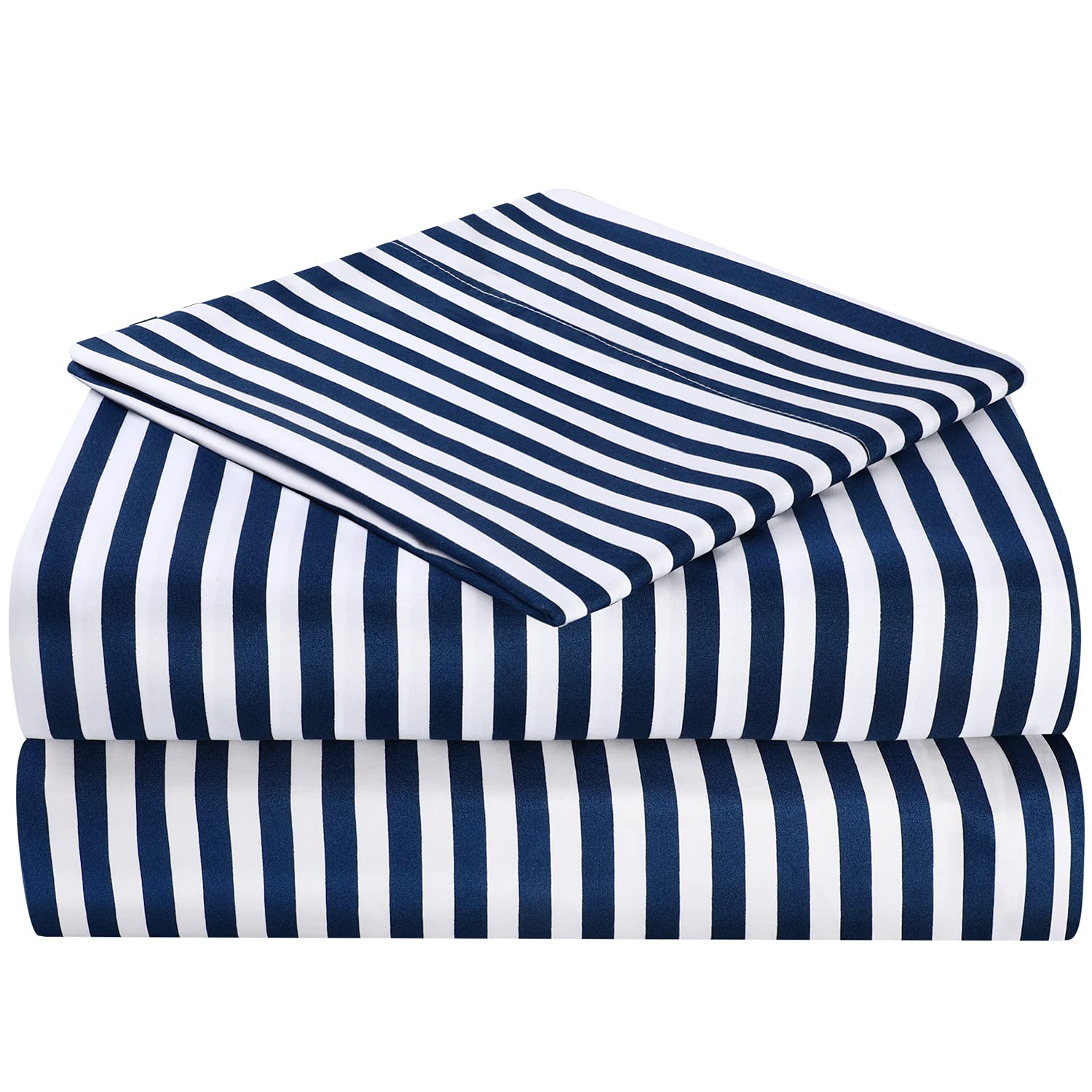 HOMEIDEAS 3 Piece Bed Sheets Set, Extra Soft Brushed Microfiber Fabric Bedding Sheets, Wrinkle & Fade Free - Flat Sheet, Fitted Sheet with 1 Pillowcases(Single, Navy Pinstripe)