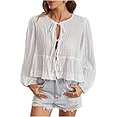 SHENHE Women's Bow Tie Front Lantern Sleeve Ruffle Peplum Blouse Going Out Babydoll Top Shirt
