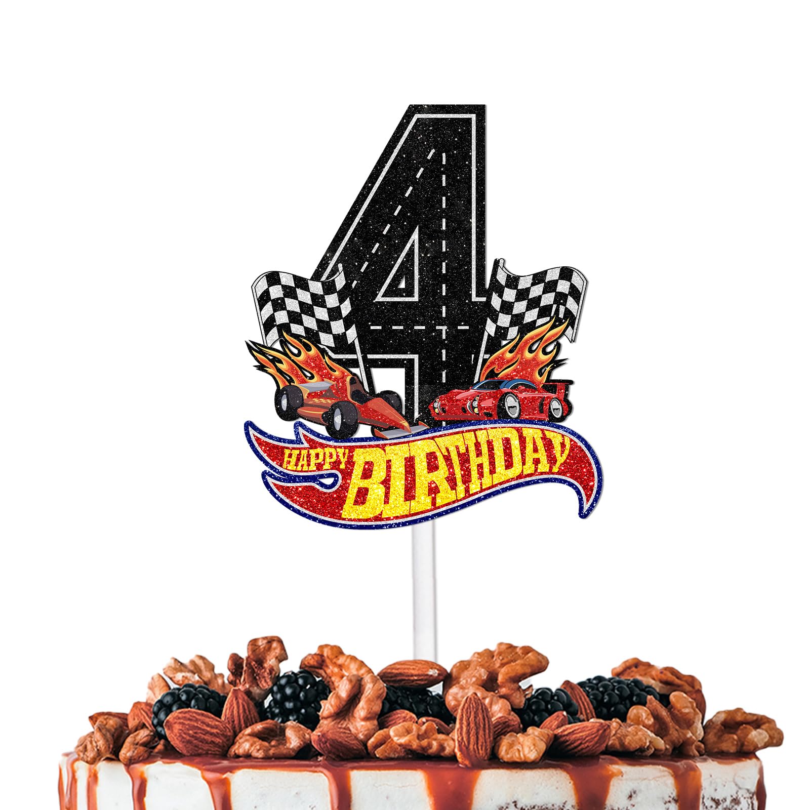 Photo 1 of Black Glitter Flag Car 4 Happy Birthday Cake Topper Cheer to Racing Car Sport Theme Decor Supplies Boys Girls Happy 4th Birthday Party Decorations