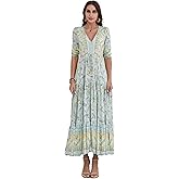 HECCPLI Women Short Sleeve V Neck Floral Print Casual Bohemian Maxi Dresses