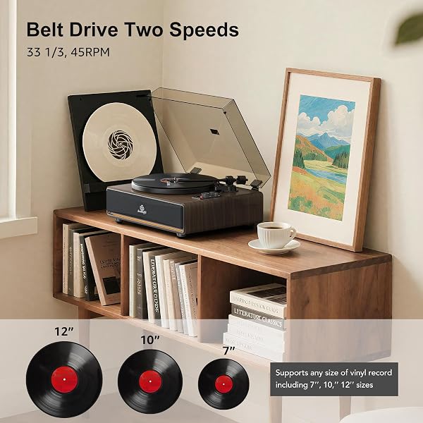 VINYL RECORD PLAYER BUILT IN HIFI STEREO SPEAKERS BT WIRELESS INPUT BELT DRIVE IRON PLATTER TURNTABLES FOR VINYLS RECORDS WITH MM AUDIO AT-3600L CARTRIDGE SOFT WARM LIGHT DESIGN WOODEN CREAM WALNUT