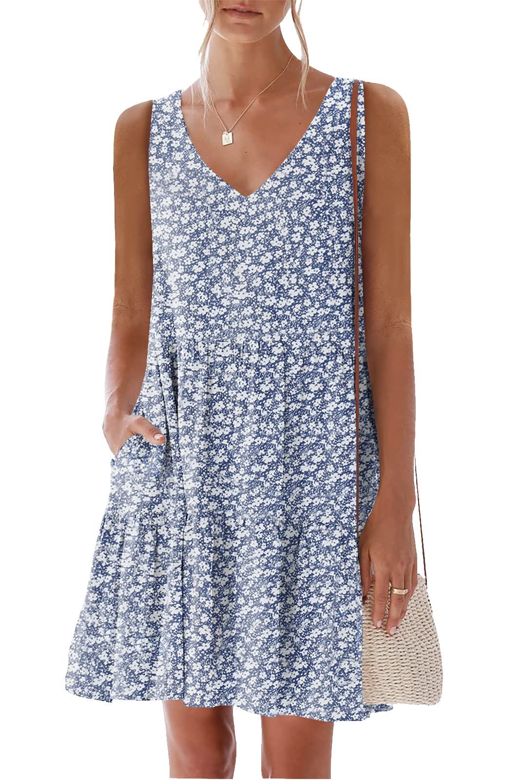 Nclook Women's Summer Casual Mini Dress - V-Neck, Sleeveless, With Pockets, Loose Fit (Navy Blue, Large) - View #3