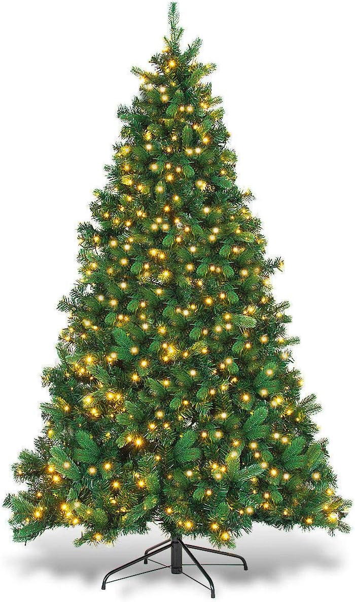 2019 New Year 6/7/8ft Premium Flocked Artificial Christmas Tree Shop Green Decoration Unit, Easy Assembly Solid Metal Legs for Ornaments Classic Christmas Decorations for Home Party（Yellow Glow）