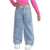 WDIRARA Girl's Rhinestone High Waisted Wide Leg Jeans Baggy Denim Pants with Pockets