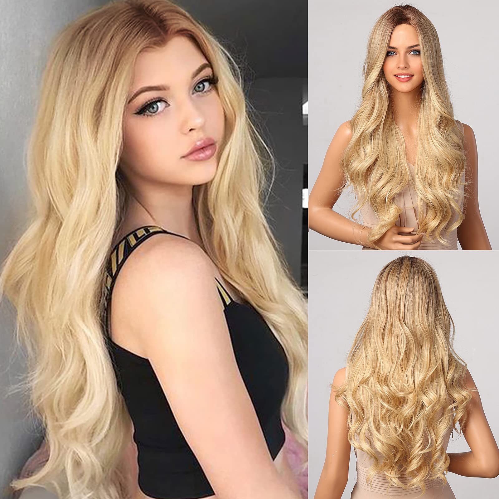 EMMOR 27-inch Long Natural Blonde Curly Wigs With Middle Part for Women Heat Resistant Synthetic Wigs for Daily Party Cosplay wigs