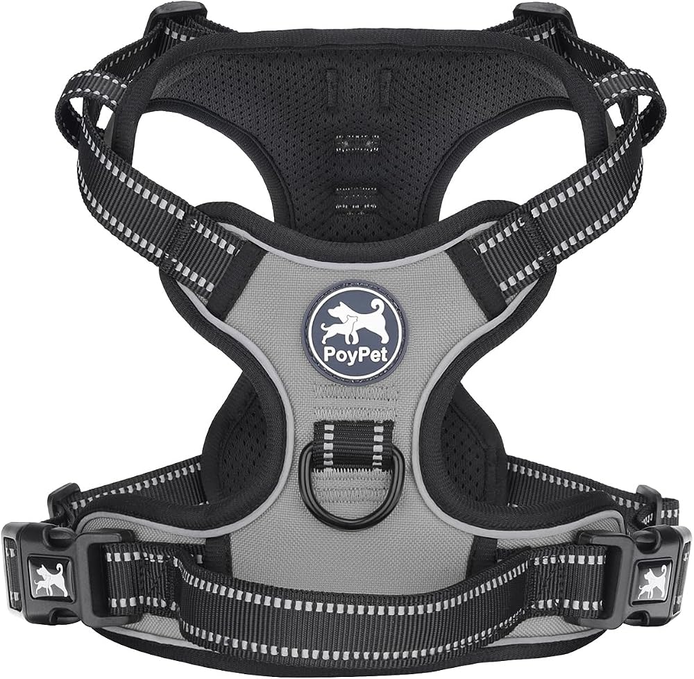 PoyPet No Pull Dog Harness Reflective Vest with 2 Attachments Grey S