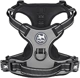 PoyPet No Pull Dog Harness Reflective Vest with 2 Leash Attachments (Grey, M)