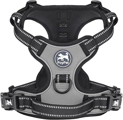 PoyPet No Pull Dog Harness Reflective Vest with 2 Attachments Grey L