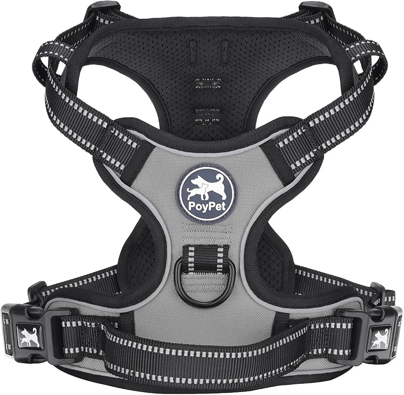 PoyPet No Pull Dog Harness Reflective Vest with 2 Attachments Grey S