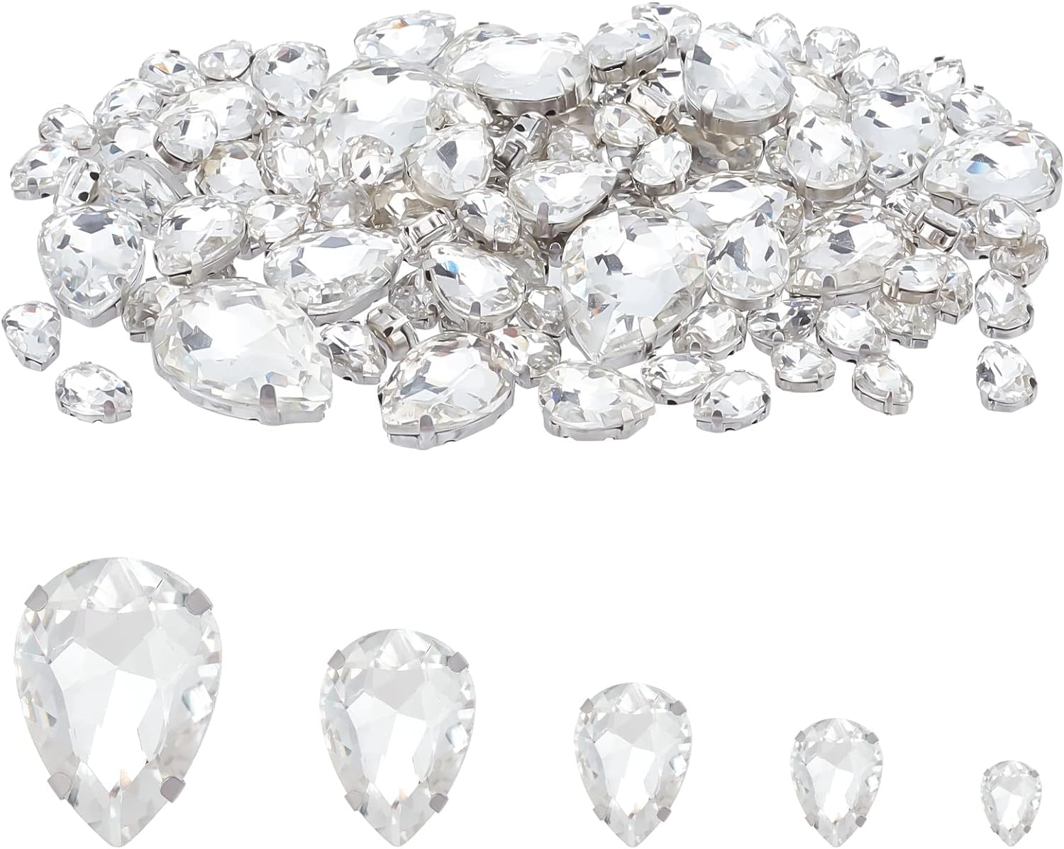 FINGERINSPIRE 140Pcs 5 Sizes Glass Sew On Rhinestones Teardrop Sewing Claw Gems Clear Claw Flatback Crystal Rhinestones Metal Prong Setting Rhinestone for Clothes DIY Craft Jewelry Decor