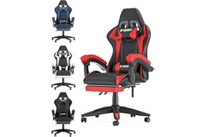 Bigzzia Gaming Chair with Footrest Office Desk Chair Ergonomic Gaming Chair PU Leather Reclining High Back Adjustable Swivel Lumbar Support Racing Style E-Sports Video Gamer Chairs (Black/Red)