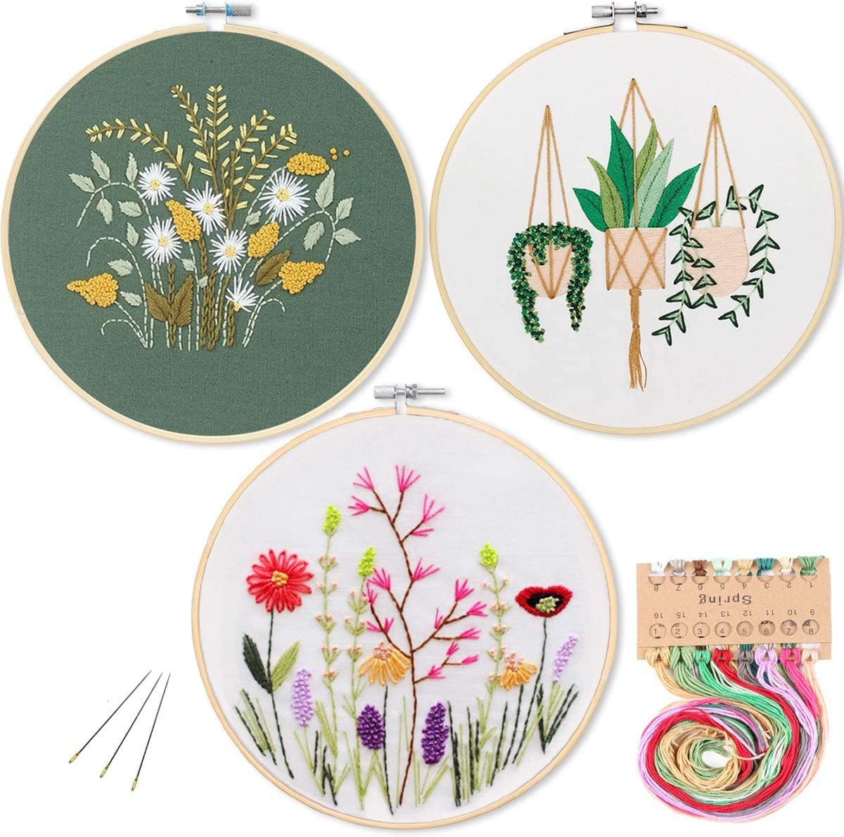 XDLUK 3 Pack Embroidery Starter Kit with Pattern, Cross Stitch Set, Full Range of Stamped Embroidery Kits with 3 Embroidery Clothes with Pattern, 1 Pc Bamboo Embroidery Hoop, Color Threads Tools Kit