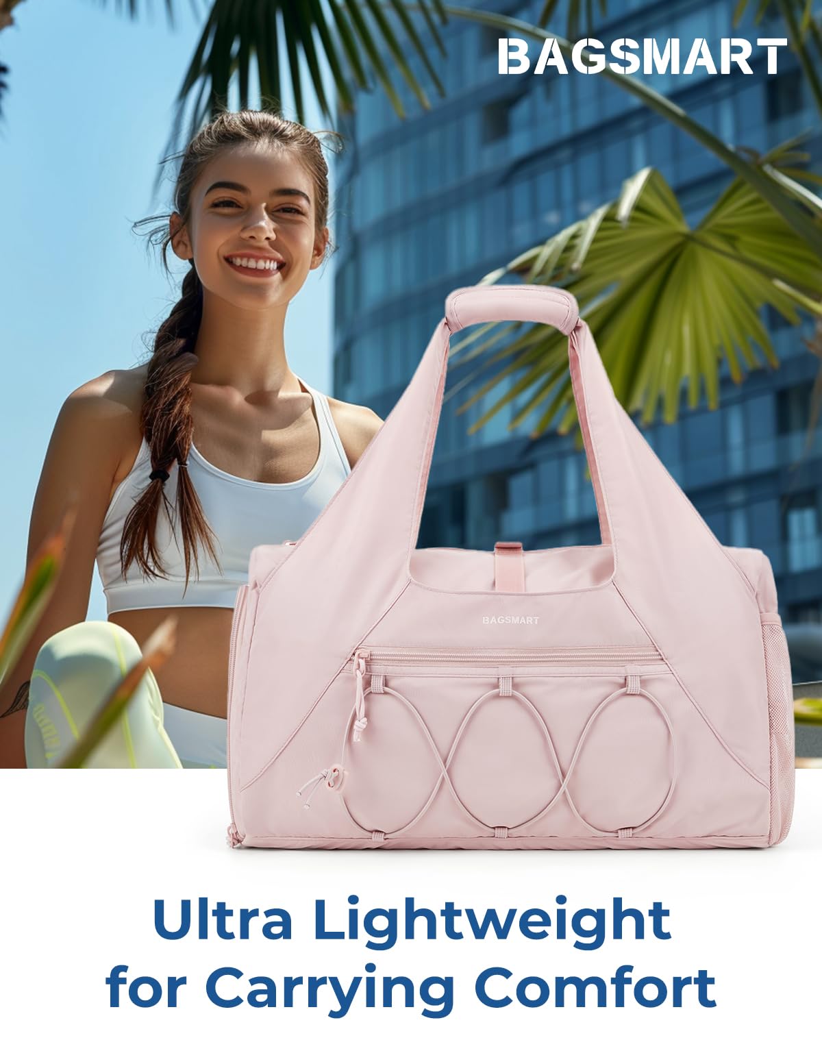 BAGSMART Gym Bag for Women, Lightweight Duffel with Shoe Compartment, Tote Bag with Wet Pocket for Yoga Travel, Pink