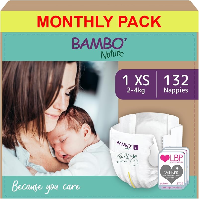Bambo Nature Premium Eco Nappies Size 1 132PK Newborn Nappy 4-9 lb