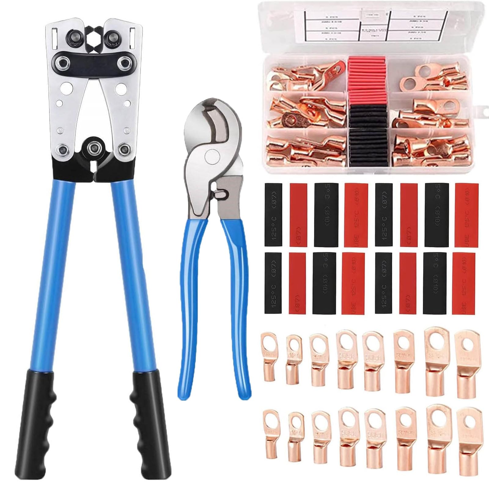 Photo 1 of DRAMLOR Battery Lug Crimping Tool with 1 Battery Lug Crimper 1 Cable Cutters 60 Pcs Battery Cable Lugs 60 Pcs Heat Shrink Wire Connectors for AWG 8-1/0 Electrical Lug