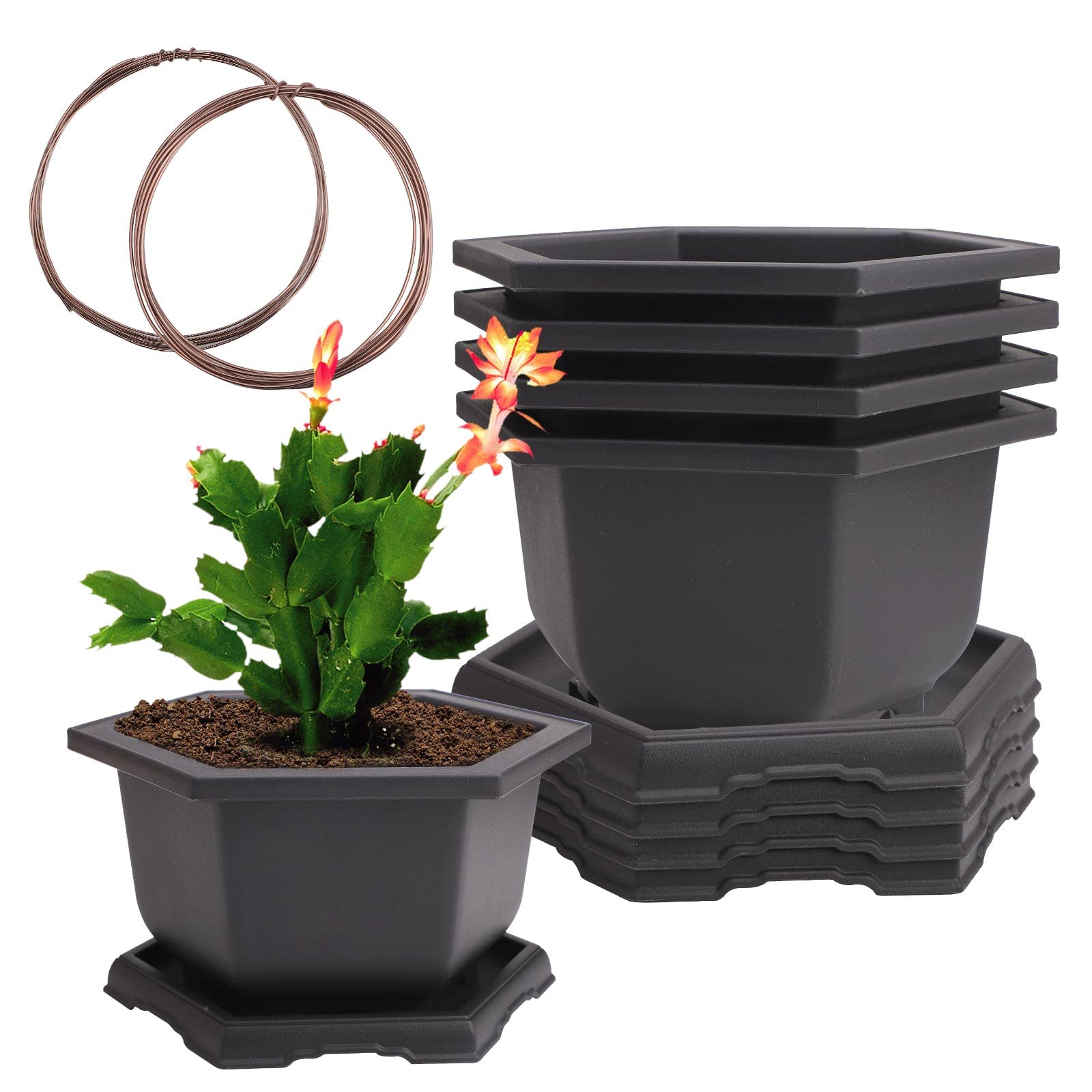 5 Pcs Bonsai Training Pots and Trays with 2 Pcs Aluminium Wires Flower Succulent Pots with Trays Planter Container Durable Plants Growing Pots for Garden, Indoor, Home Decorative Small