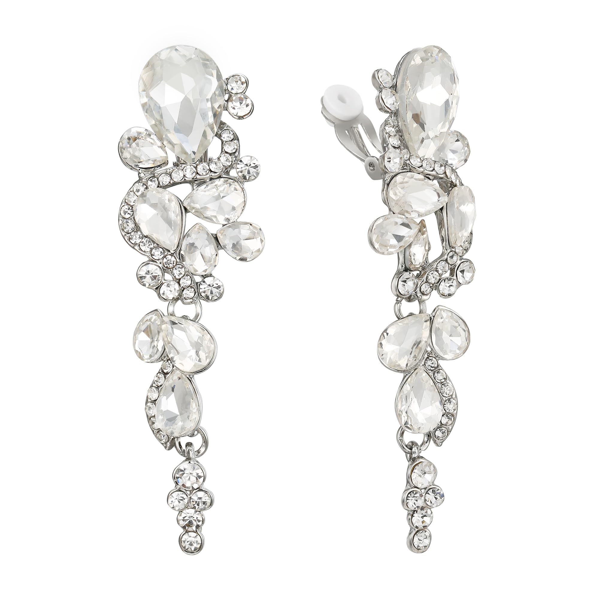 Clearine Wedding Bridal Statement Costume Jewellery Bohemian Boho Diamante Teardrop Crystal Cluster Long Clip-On Chandelier Dangle Earrings Clear Silver-Tone — image 1