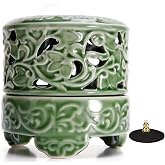 USMOLA Incense Burner with Lid, Ceramic Incense Holder for Stick Cones & Coils Incense with Burn Cotton for Home, Office, Yoga, Green Lotus