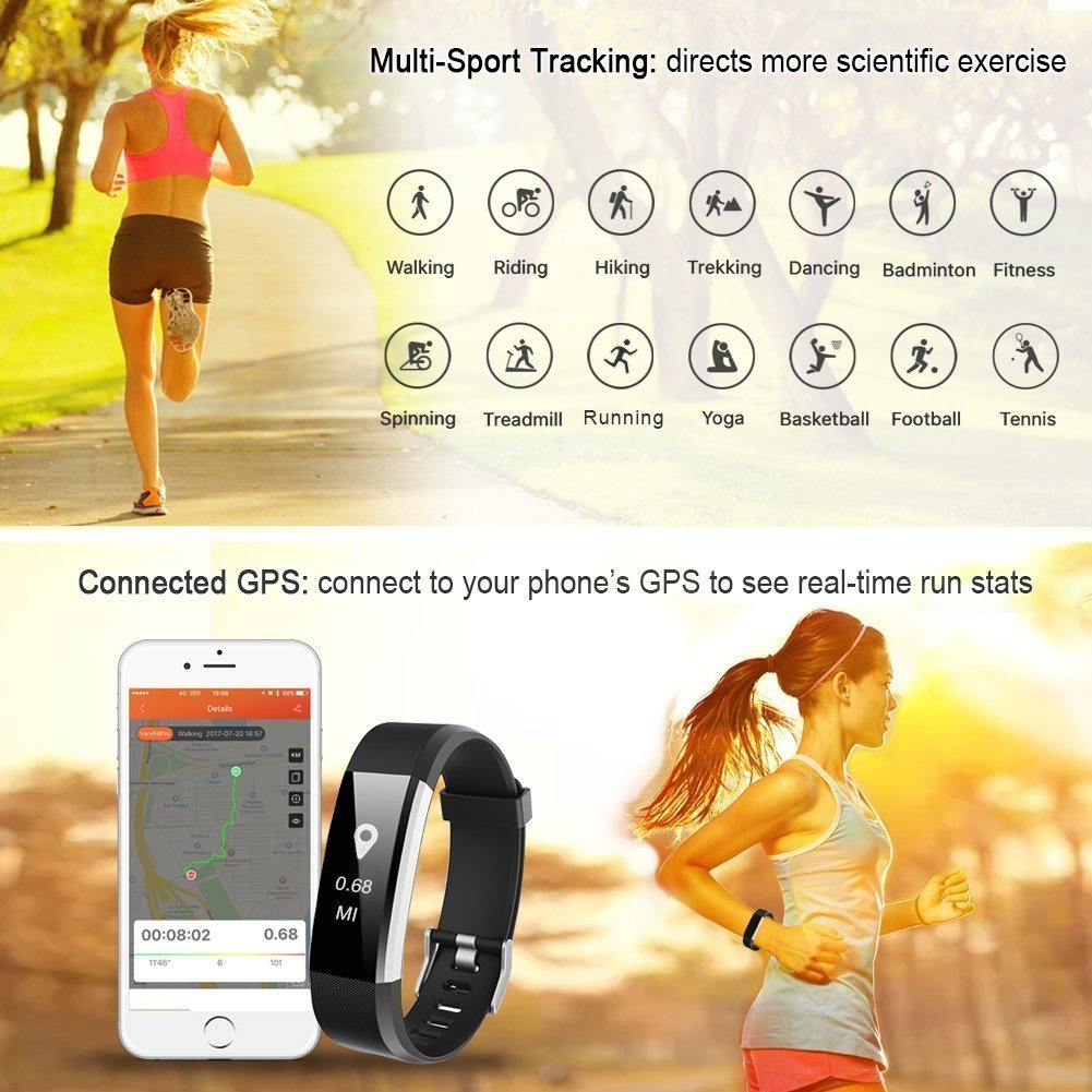 EFOSHM Fitness Tracker Pulsera Inteligente Correa Deportiva con Podómetro de Actividades Pulsómetro, Monitor de Ritmo Cardíaco Caloria, Reloj Ip67 Impermeabilidad Bluetooth, Compatible con iPhone móviles Android (Negro)