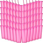 Honeydak 60 Pack Tumbler with Straw and Lid Bulk Glitter Plastic Cups Water Bottle Iced Coffee Travel Mug Reusable Party Favor Cups for Birthdays travel 24-27 oz (Hot Pink)