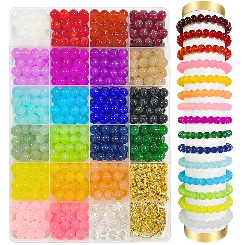RichMoho 650Pcs Round Glass Beads for Bracelet Making Kit 22 Colors 8mm Crystal Gemstone Beads & 50Pcs Jewellery Making Accessories for Bracelet Necklace Earings Phone Lanyard