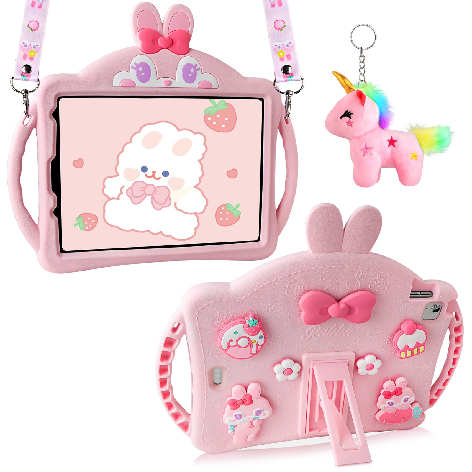 Aolcev for iPad Air 11 Inch Case M3 2025/M2 2024, iPad Air 5th 4th Generation Case 10.9 Inch 2022/2020 for Kids Girl with Stand Lanyard Unicorn Keychain Tablet Protective Cover for Air 7/6/5/4-Pink — image 1