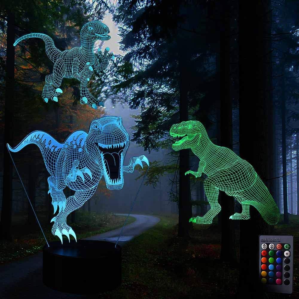 3D Led Night Light, 3 Pattern Dinosaur Illusion Lamp, 16 Colors and 4 Working Modes, Decor Lamp with Remote and Touch Control, 3 Power Ways, with Gift Box for Children, Kids, Toddlers, Boys and Girls