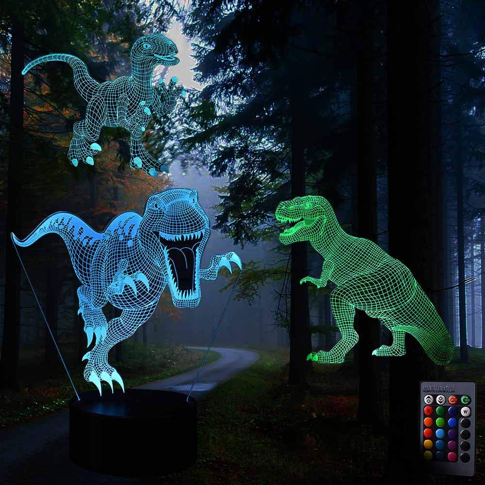 3D Led Night Light, 3 Pattern Dinosaur Illusion Lamp, 16 Colors and 4 Working Modes, Decor Lamp with Remote and Touch Control, 3 Power Ways, with Gift Box for Children, Kids, Toddlers, Boys and Girls