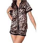 WDIRARA Women's Sleepwear Leopard Print Satin Shirt and Shorts Pajama Set