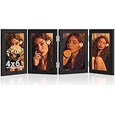 DUENPY 4 Folding 4x6 Picture Frame Horizontal Engineered Wood Accordion Photo Frame with Plexiglass Tabletop Bookshelf Display Black