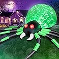 12FT Halloween Inflatables Spider Outdoor Decorations, Giant Blow Up Spider with Flame Lights & Red Glowing Eyes, Large Crawling Green Spider Props for Halloween Party Yard Garden Lawn Roof Decor
